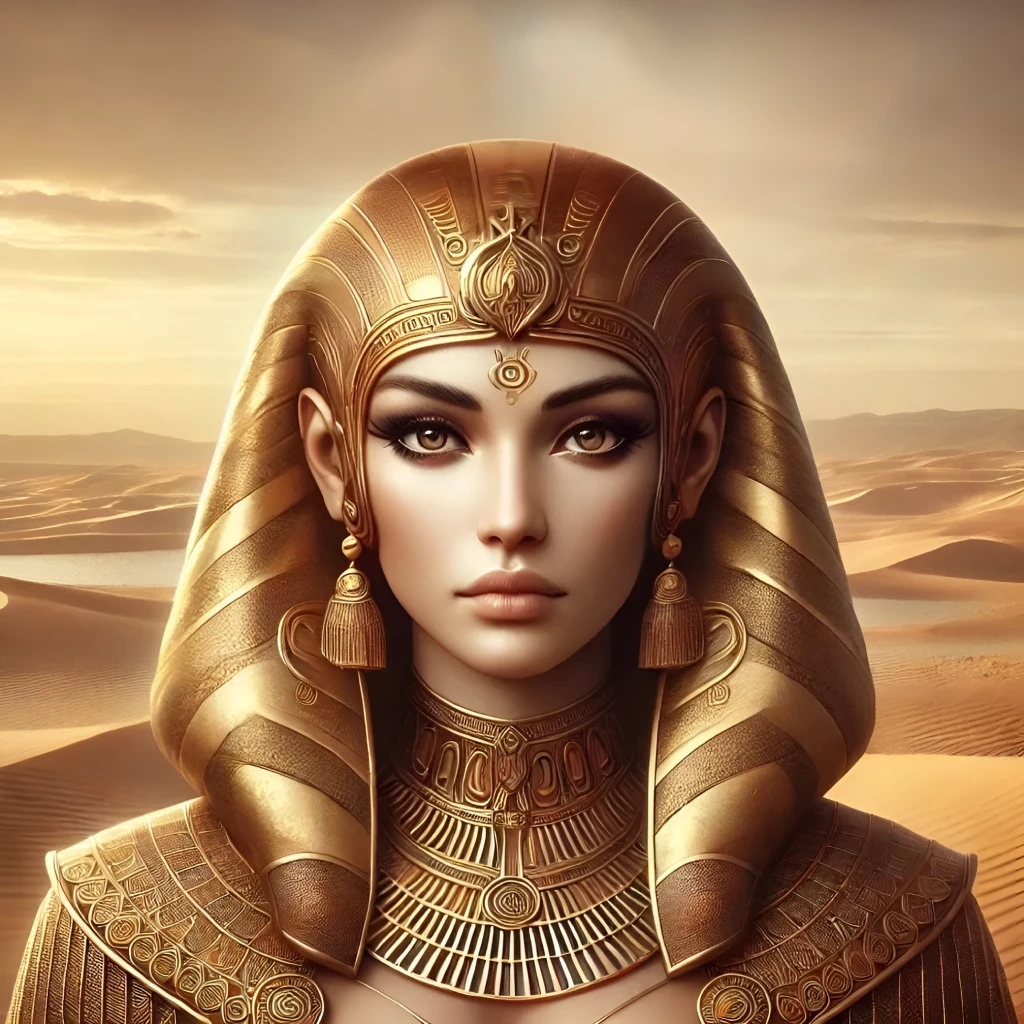 Digital painting of the Egyptian deity Mut, facing the viewer with a serene desert landscape in the background. Mut is depicted wearing the double crown of Egypt and ornate gold-adorned robes, symbolizing her divine authority and maternal essence.