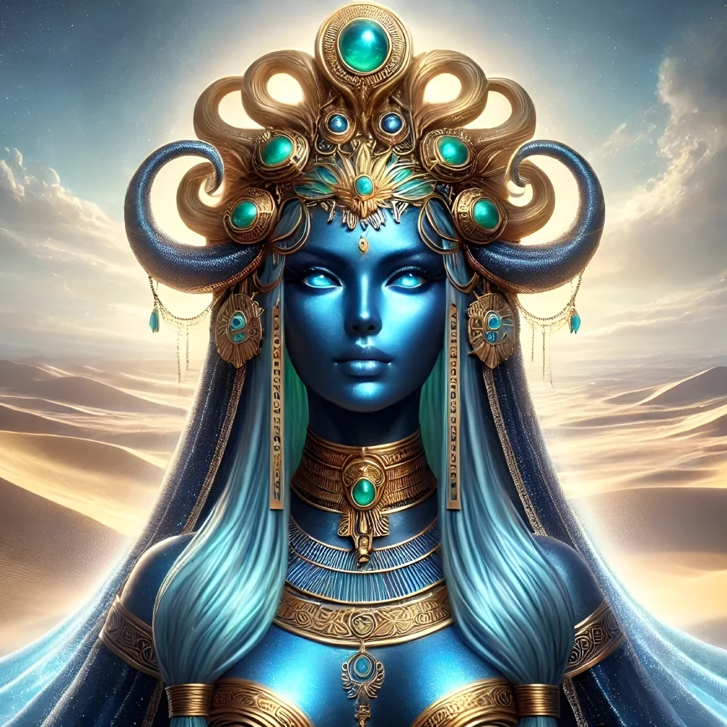 Fantasy portrait of Naunet, the Egyptian goddess, in a desert landscape with golden accents.