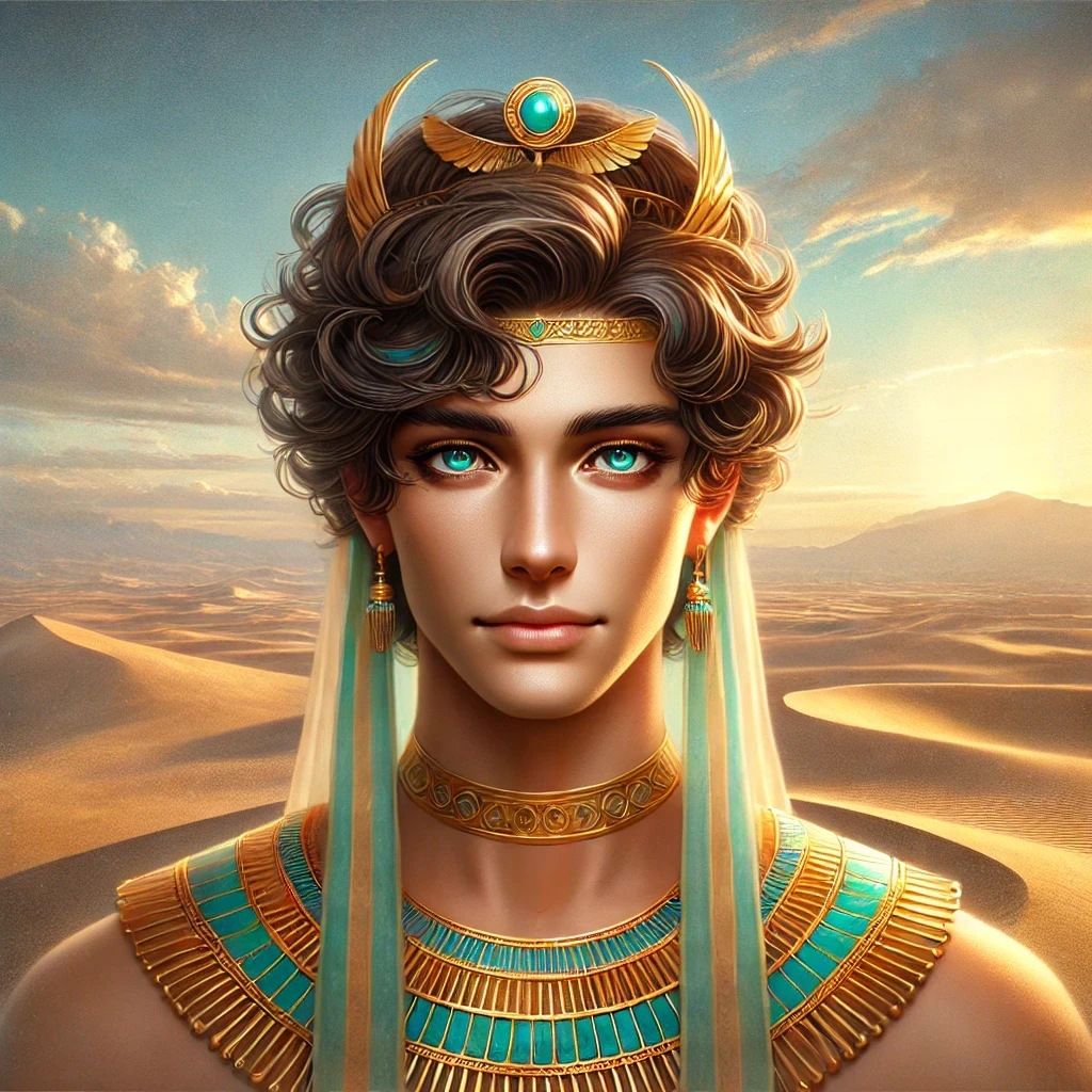 Fantasy realism portrait of Nefertem, an Egyptian deity, depicted as a youthful man with serene features, wearing simple regal attire in a vast desert landscape with rolling sand dunes under a soft-lit sky.