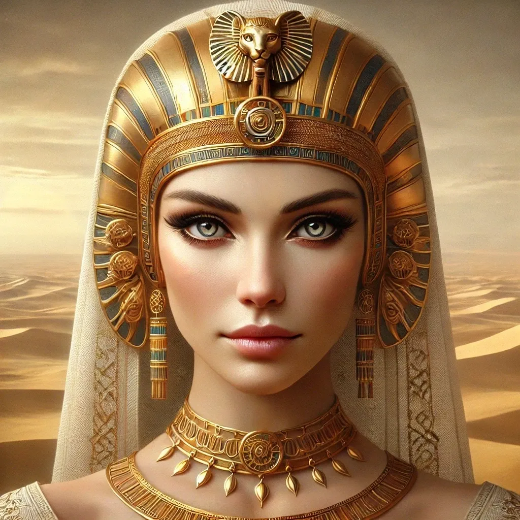 Digital painting of Neith, the Egyptian deity, in a desert landscape with rolling sand dunes.