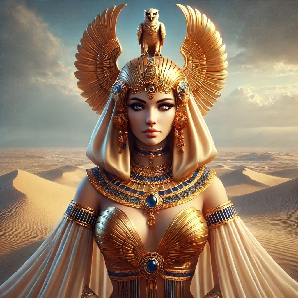 A fantasy realism portrait of the Egyptian goddess Nekhbet, centered, with a vulture headdress.