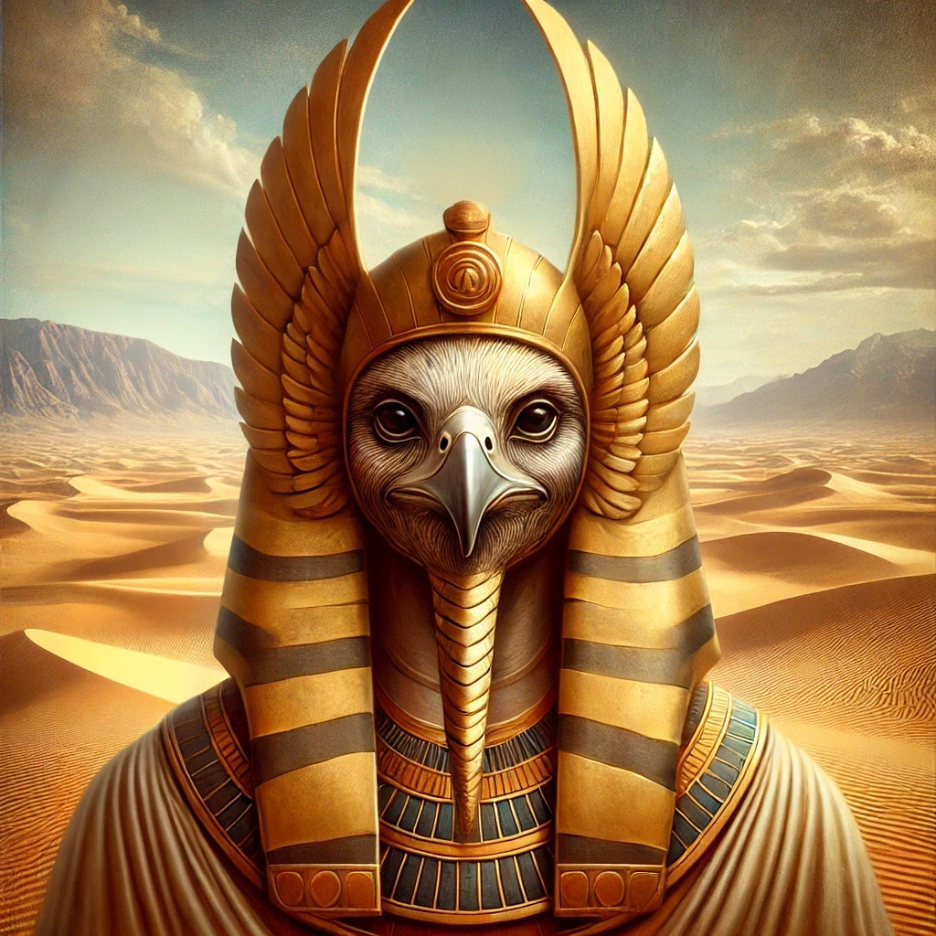 Portrait of Nemty, the Egyptian deity known as the Ferryman of the Gods, depicted with a falcon head and regal attire, set against a serene desert landscape with rolling sand dunes.