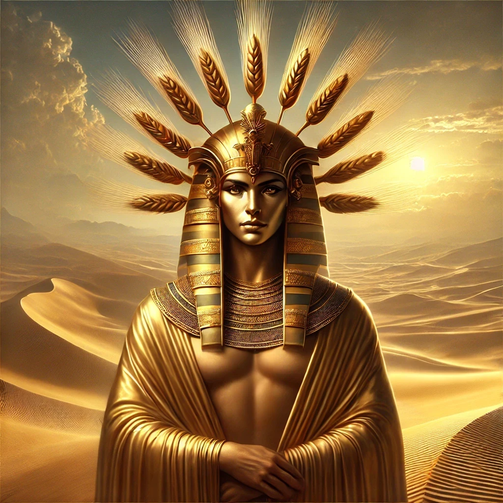 Digital painting of Neper, Egyptian deity of grain and harvest, depicted in fantasy realism with a serene expression, wearing a wheat headdress and ancient Egyptian jewelry against a vast desert backdrop with golden sand dunes.