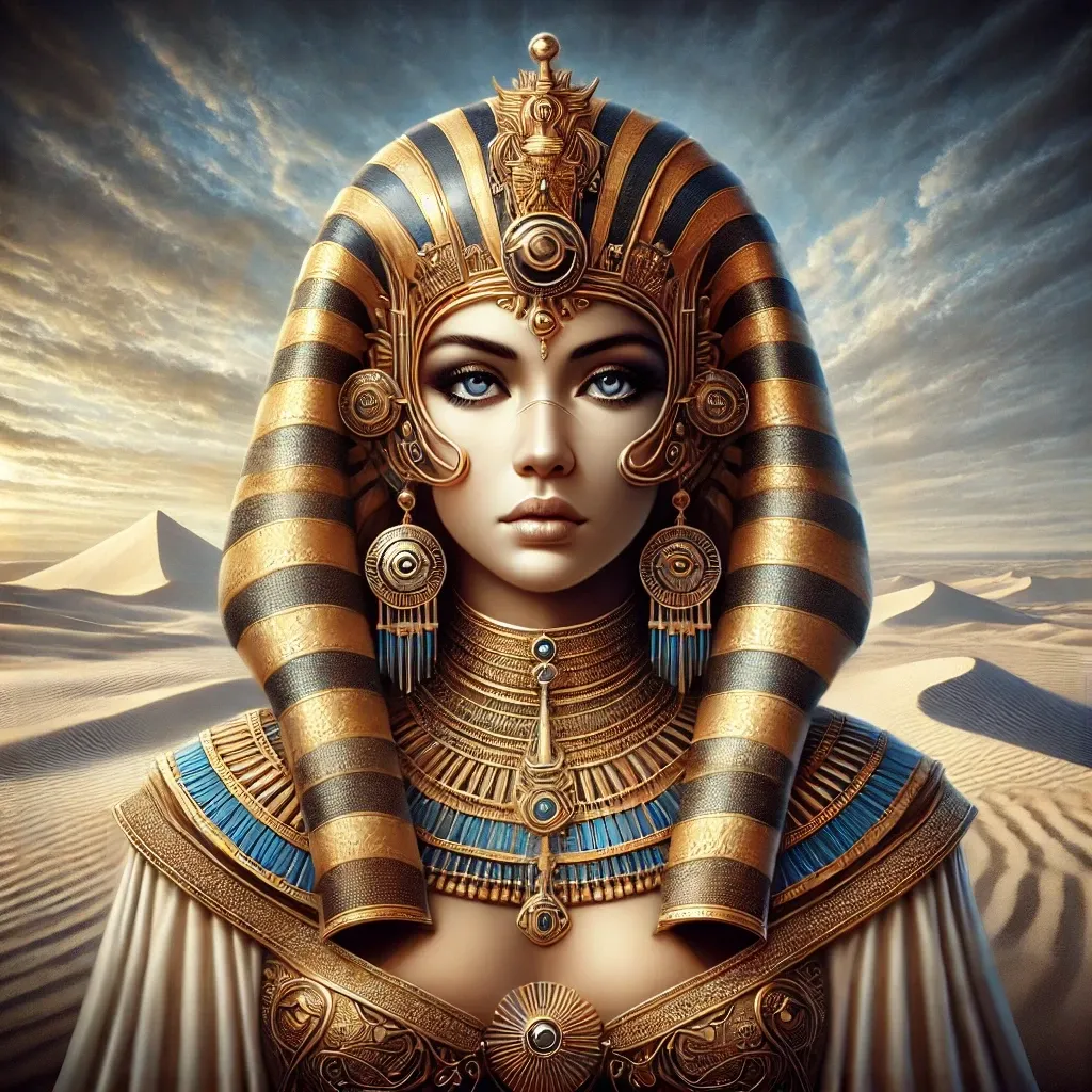 A close-up of the Egyptian goddess Nephthys adorned in golden and blue ceremonial attire, set against a backdrop of desert sands and pyramids under a dramatic sky.