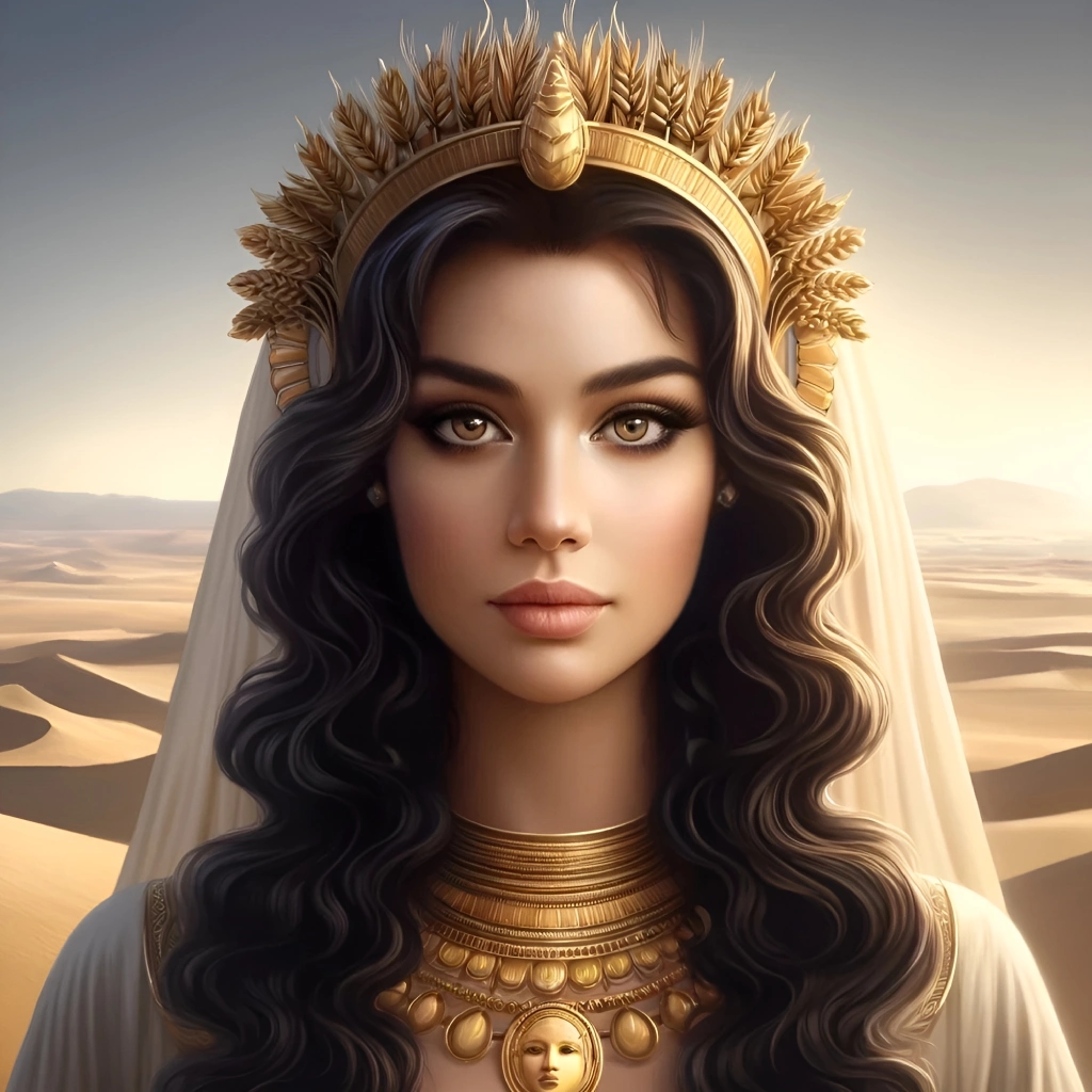 Digital painting of Egyptian goddess Nepit with a golden headdress, set in a desert.