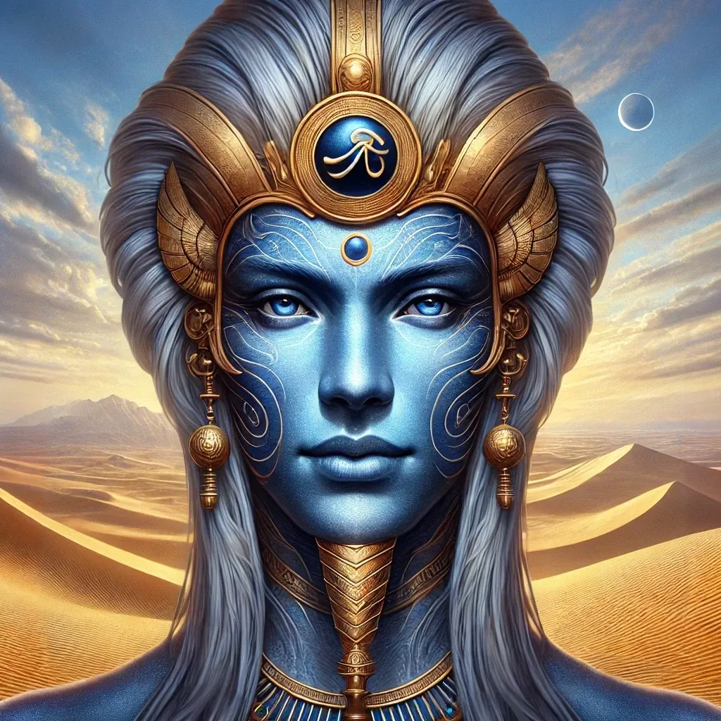 A close-up depiction of Nu, the Egyptian primordial deity, featuring a radiant blue visage with intricate golden adornments, standing against a backdrop of golden desert dunes and a serene celestial horizon.