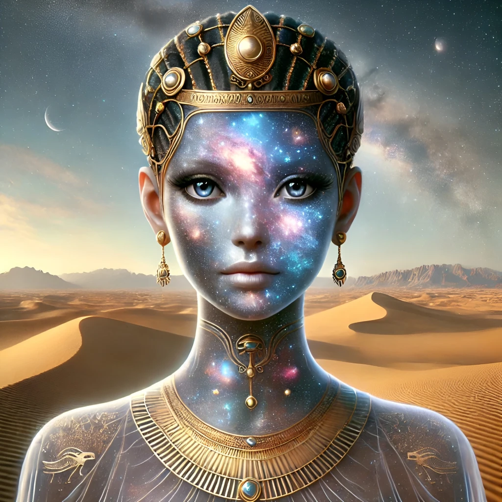 Artistic depiction of Nut, the Egyptian goddess of the sky, portrayed as a celestial being with stars and galaxies on her face and adorned with intricate gold jewelry against a desert backdrop.