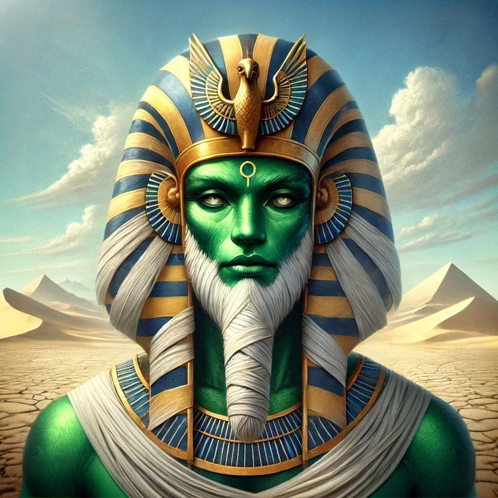 A vibrant artistic depiction of Osiris, the Egyptian god of the afterlife, with green skin, a pharaoh's headdress, and a serene desert backdrop.