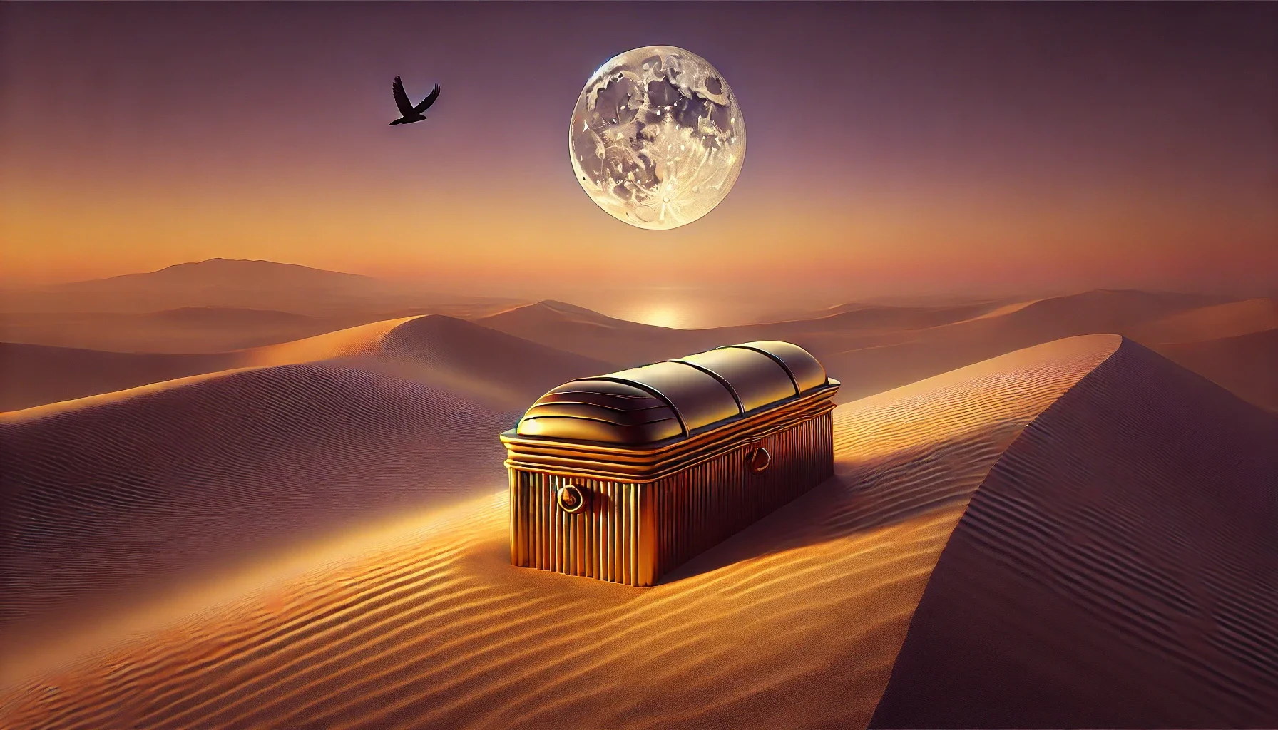 Golden sarcophagus partially buried in the tranquil sands of an Egyptian desert at dusk, illuminated by a full moon with a gradient sky blending amber and purple hues, and a distant view of the Nile reflecting silver ripples.