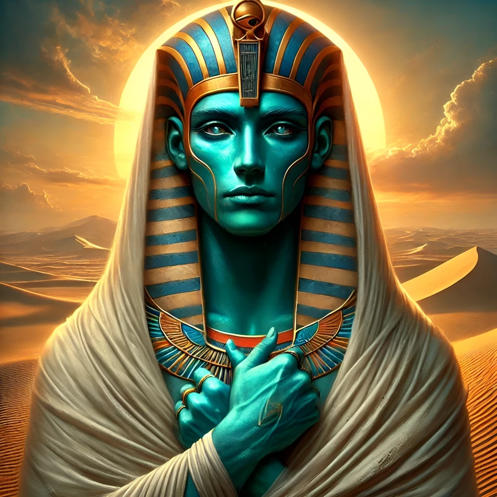 Digital painting of Ptah, the ancient Egyptian god of creation, depicted with vibrant blue-green skin, wearing a traditional skullcap, set against a serene desert landscape with rolling sand dunes and a golden sunset.