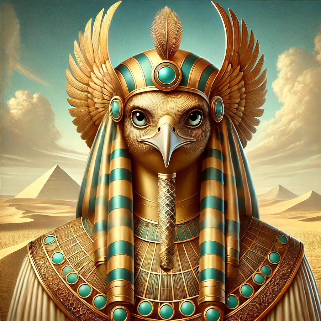 Digital painting of Ra, the Egyptian deity, with a falcon head, adorned with a tall ostrich feather crown and rich gold and turquoise attire, facing the viewer in front of a serene desert landscape with rolling sand dunes.