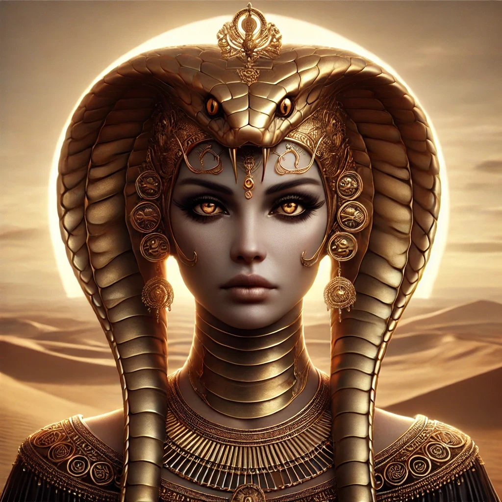 Digital painting of the Egyptian goddess Renenutet with a cobra's head, golden scales, and regal attire.