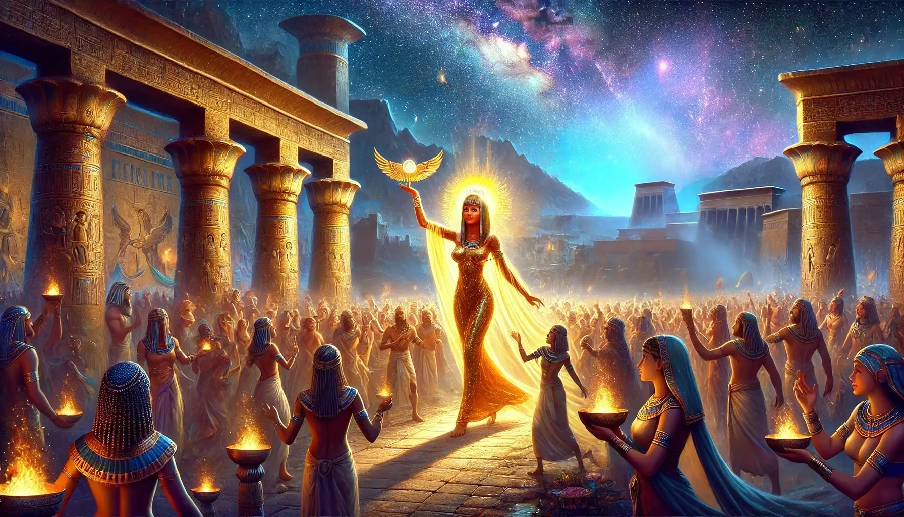 A vibrant digital painting of the ancient Egyptian myth 'The Return of the Distant Goddess,' featuring the goddess Hathor in her radiant golden form. She walks amidst a lively festival with dancing, music, and offerings under a starry sky, with the Nile in the distance and intricate Egyptian architecture in the background.