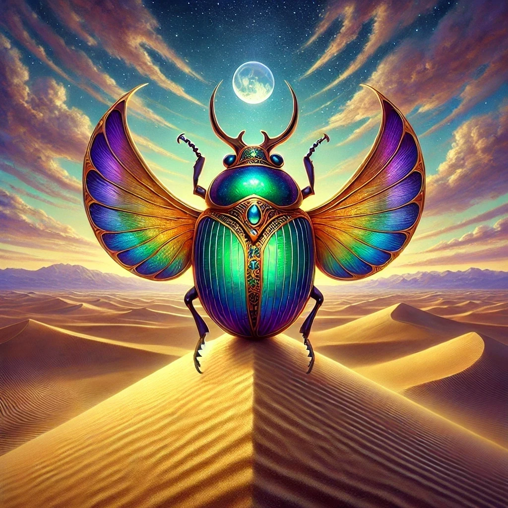 Fantasy realism painting of an Egyptian mythological Scarab with an iridescent exoskeleton, standing majestically in a serene desert with rolling sand dunes under a twilight sky.