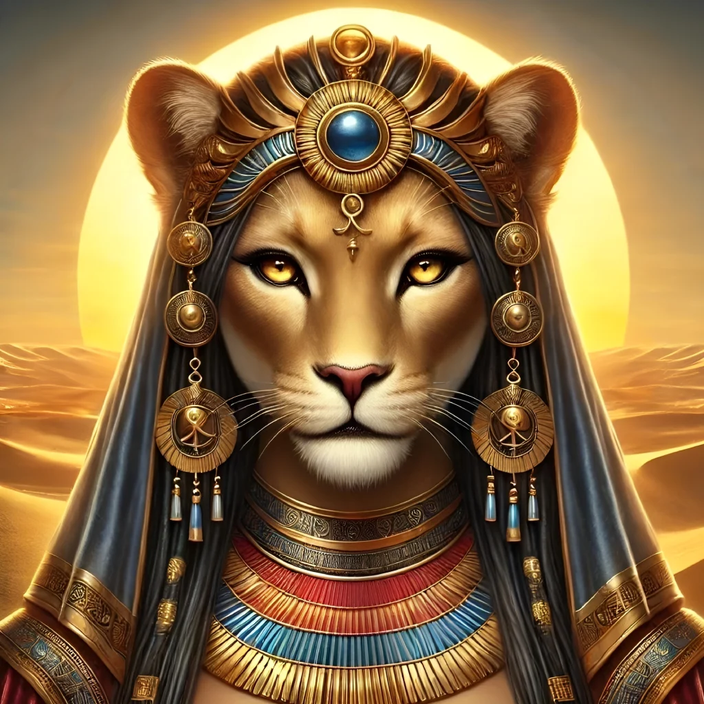 Fantasy portrait of Egyptian goddess Sekhmet with a lioness head, golden headdress, and desert backdrop.