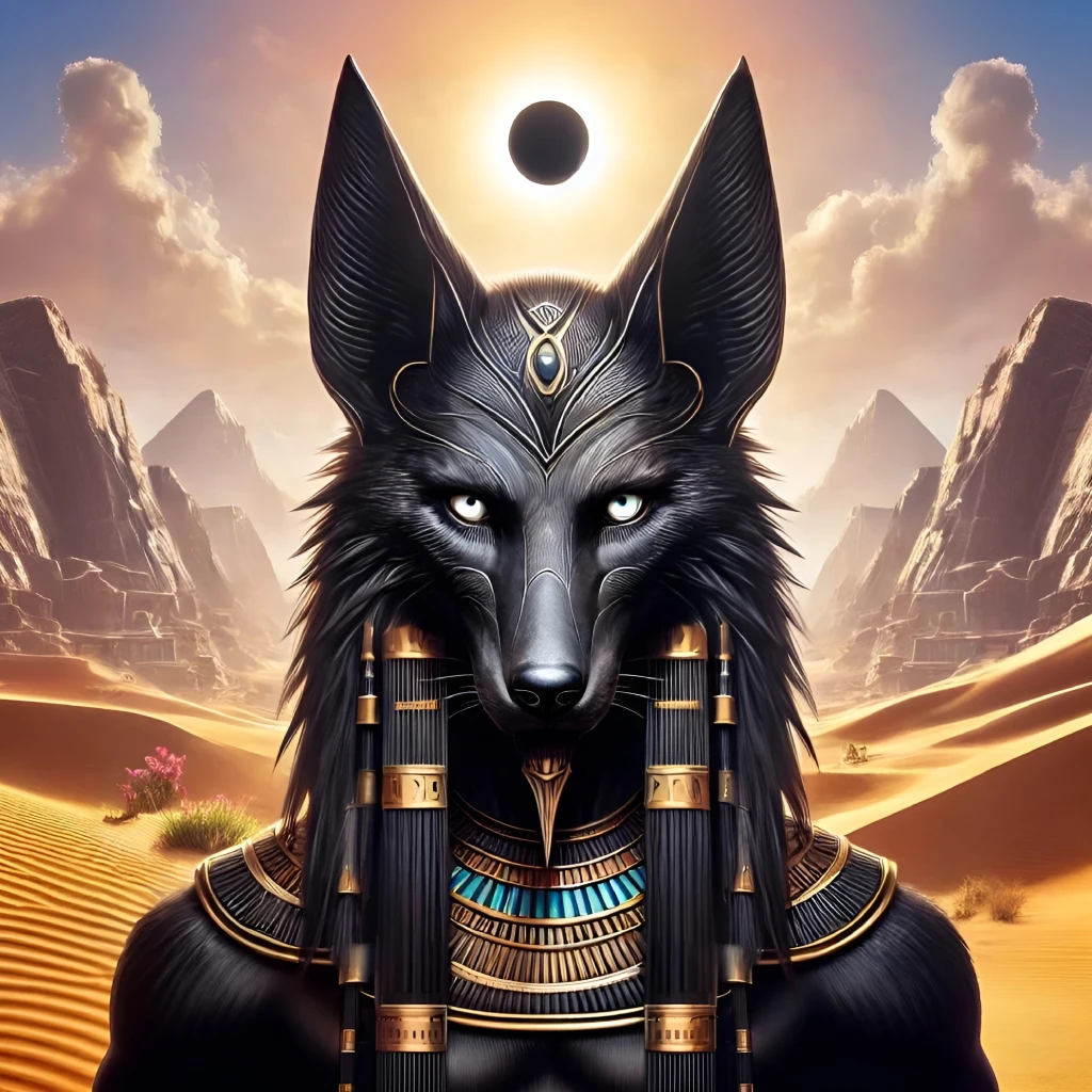 A majestic depiction of Seth, the ancient Egyptian deity of chaos and storms, portrayed with a jackal-like head adorned with intricate gold and blue jewelry, standing in a desert landscape under an eclipsed sun.