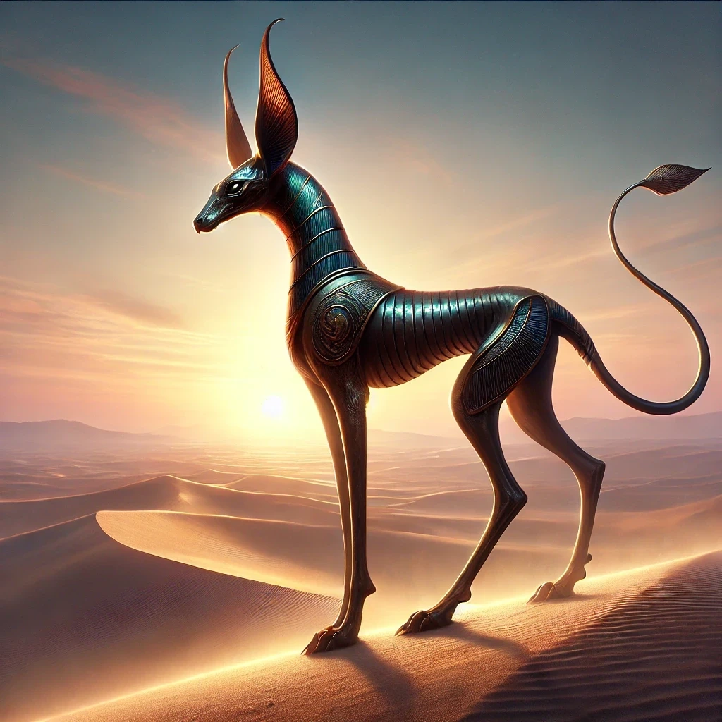 Digital painting of the Egyptian mythological creature Sha, also known as the Set animal, standing in a serene desert landscape with rolling sand dunes under a glowing sunset sky.