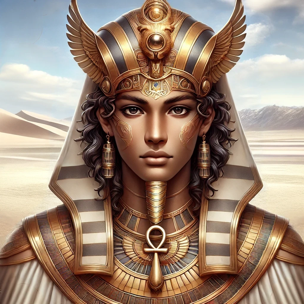 Close-up of Shu, the ancient Egyptian god of air, depicted with a golden headdress and traditional regalia in a desert backdrop.