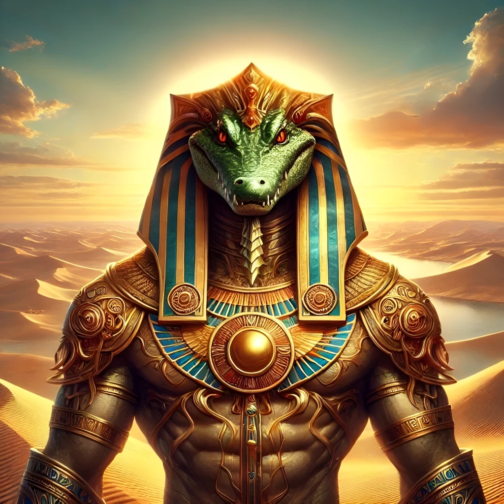 Portrait of Sobek, the Egyptian crocodile deity, facing forward with a serene desert landscape of sand dunes and a soft sunset in the background. Depicted in fantasy realism, Sobek is adorned in golden armor with an understated headdress.