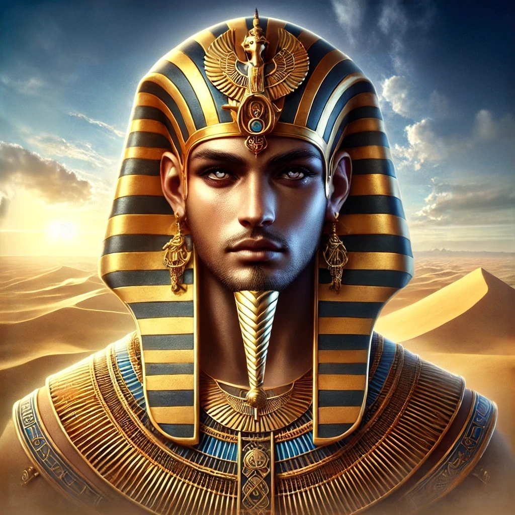 Sopdu, the Egyptian deity of war and protection, depicted as a regal male figure wearing intricate ancient Egyptian attire and a headdress, facing the viewer against a serene desert backdrop with rolling golden sand dunes under soft sunlight.