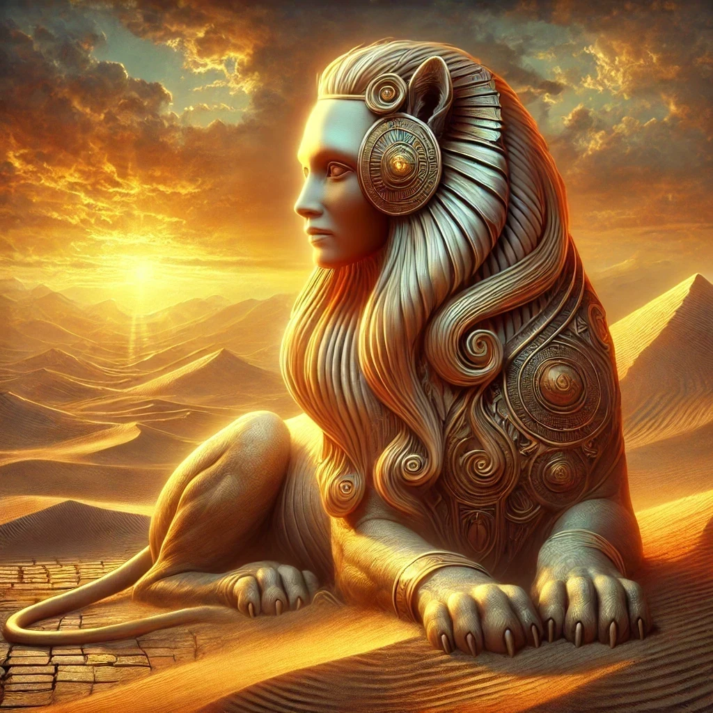 Digital painting of the Egyptian Sphinx, featuring the body of a lion and the head of a regal human female, seated in a serene desert landscape with golden sand dunes and a glowing sunset.