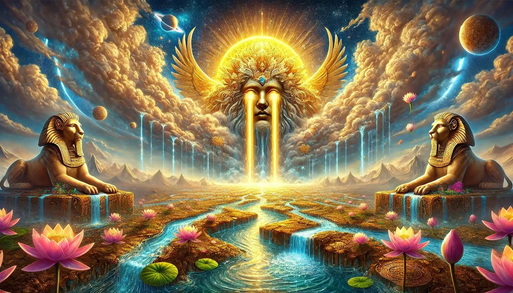 A digital painting depicting the ancient Egyptian myth 'The Tears of Ra.' The Sun God Ra sits on a celestial throne, weeping golden tears that fall to the earth, transforming the barren desert into lush fields with lotus flowers and flowing rivers. The scene radiates with a mystical, luminous aura, emphasizing rebirth and renewal.