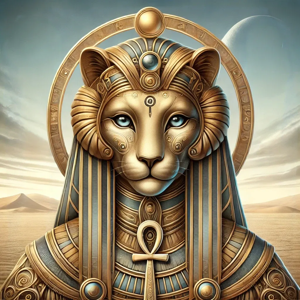 An artistic depiction of Tefnut, the Egyptian goddess of moisture, with a lioness face adorned with golden Egyptian regalia, framed by a desert background and a crescent moon in the sky.