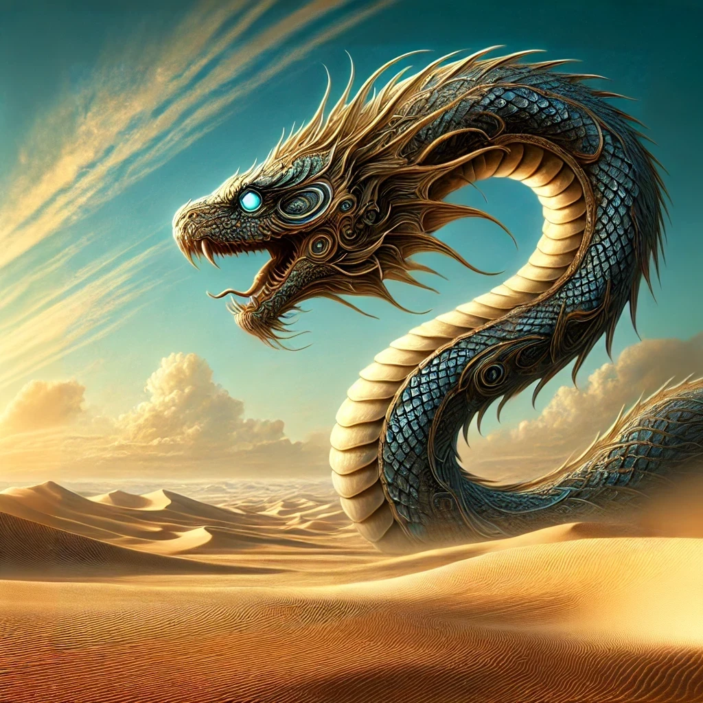 Fantasy digital painting of a monstrous serpent in a desert landscape, featuring shimmering scales, glowing eyes, and rolling sand dunes under a golden sky.