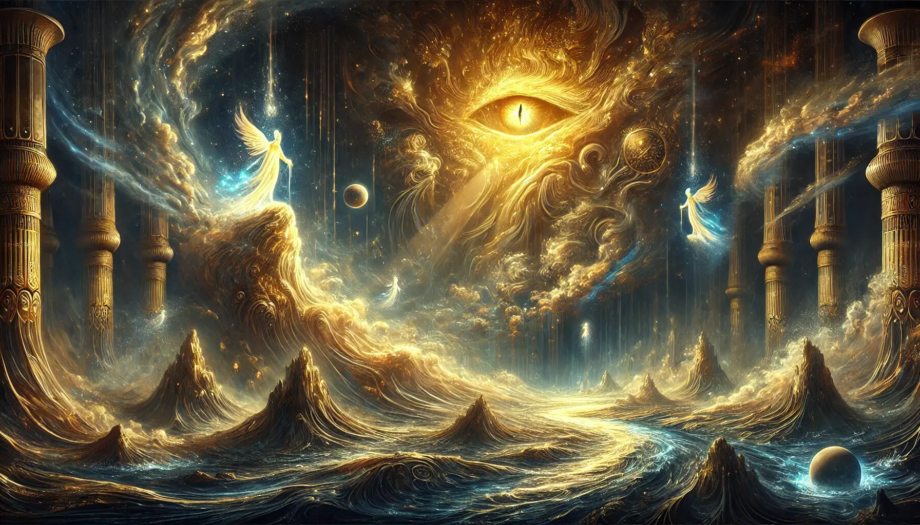 Digital painting inspired by the ancient Egyptian myth 'The Loss of Shu and Tefnut,' depicting Shu and Tefnut as luminous figures drifting apart in the primordial chaos (Nun), with Atum weeping atop the Benben mound, and his tears creating shimmering humans in the swirling waters below.