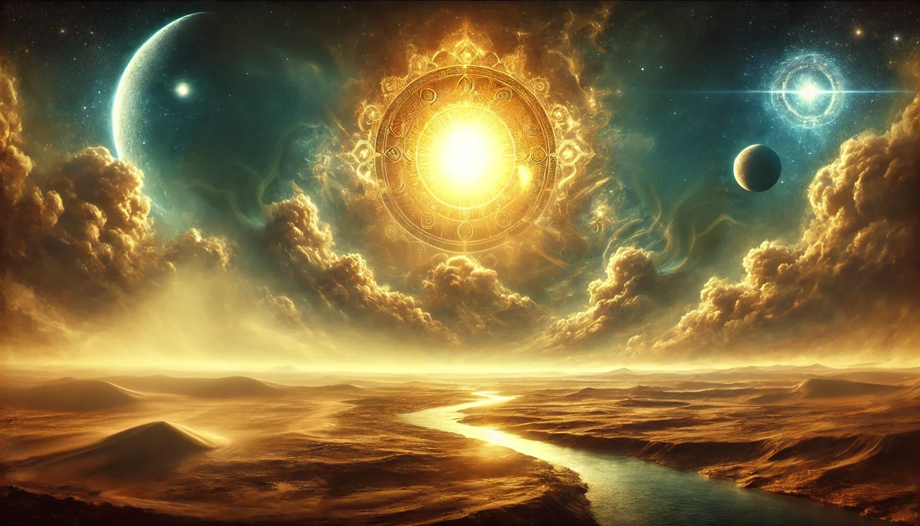 Fantasy realism digital painting of an expansive Egyptian desert landscape with a radiant sun casting golden light over vast dunes and a mystical river flowing through the scene.