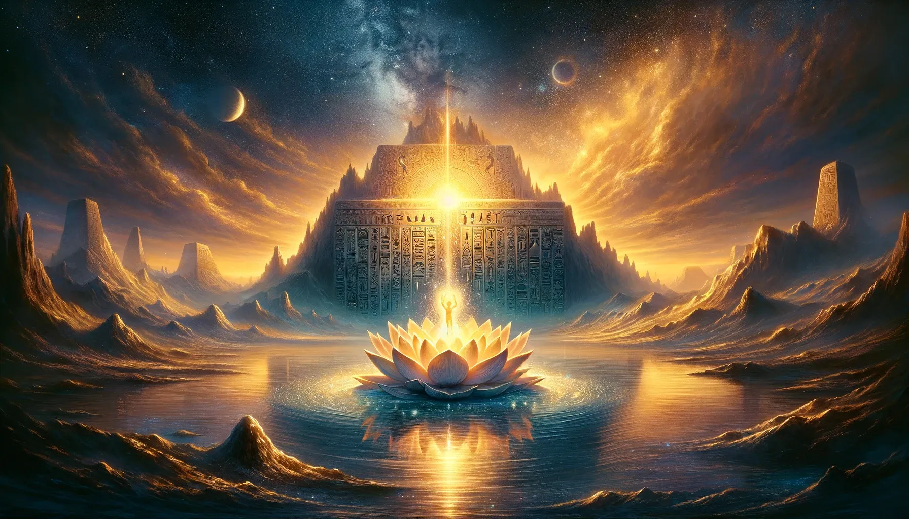 A fantasy realism digital painting of the Theban Creation Myth, depicting the primeval waters of Nun under a starry sky, a glowing lotus flower with the god Atum emerging, and the Benben hill adorned with ancient carvings, symbolizing creation.