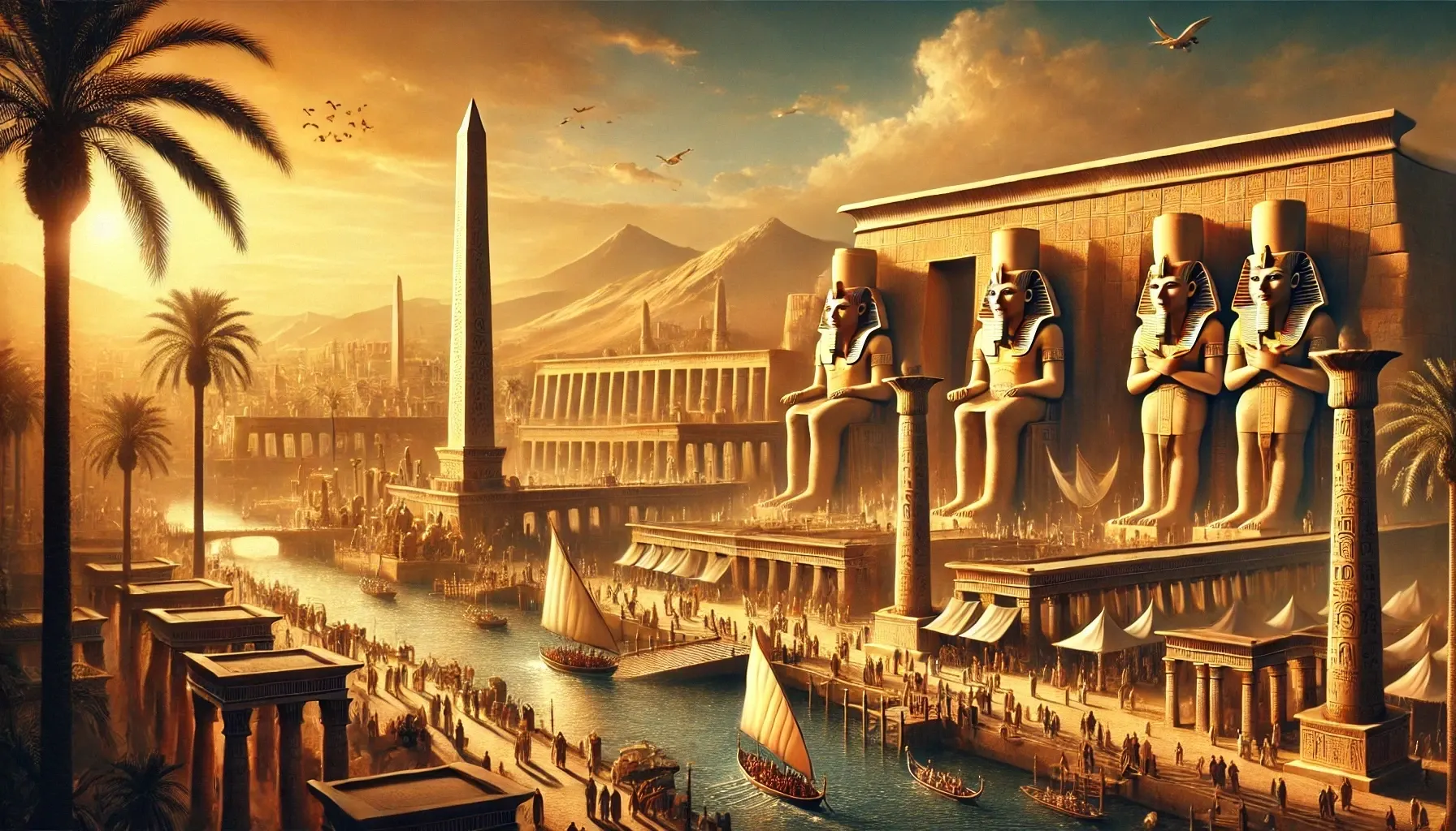 Ancient Thebes digital painting featuring Karnak Temple, obelisks, and priests along the Nile.