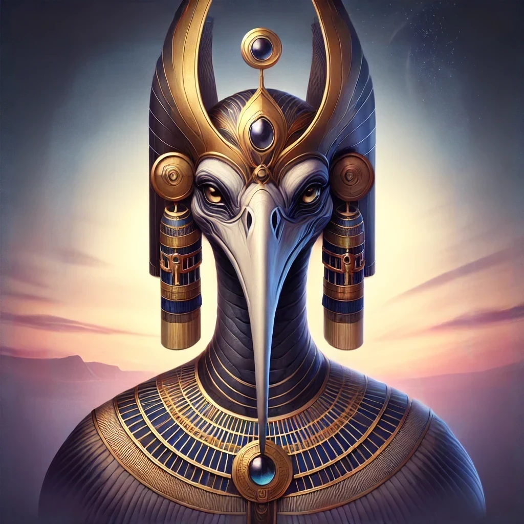 A detailed digital painting of Thoth, the Egyptian deity, depicted as a humanized figure with angular features, adorned with traditional Egyptian jewelry and a golden headdress. The background is a smooth gradient inspired by a twilight desert sky, emphasizing a mystical and divine presence.