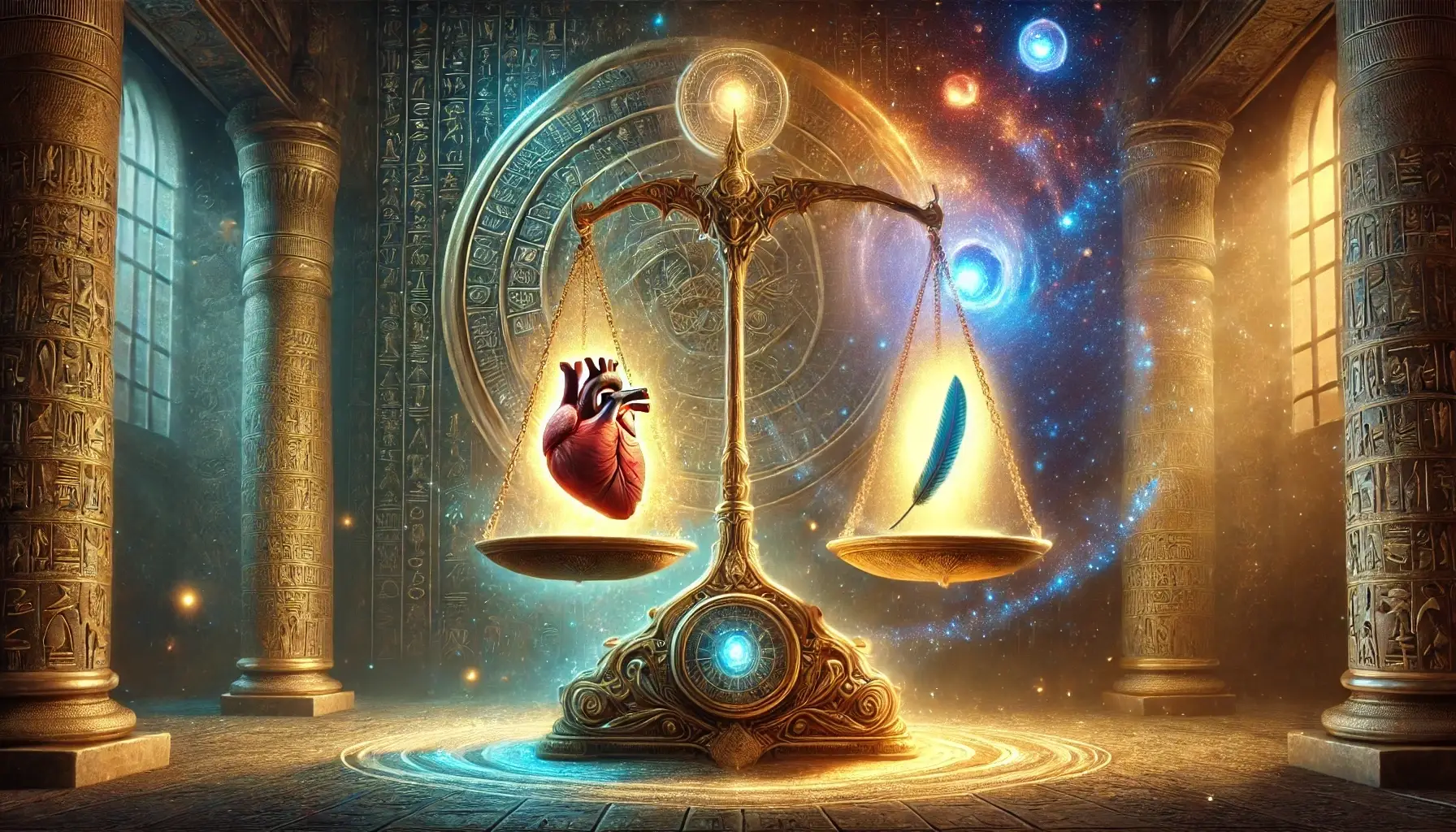 Digital painting in fantasy realism depicting the Weighing of the Heart myth from Egyptian mythology, featuring a magical scale balancing a glowing, detailed human heart and a radiant, ethereal feather in a mystical chamber with hieroglyphic-adorned walls and celestial stardust accents.