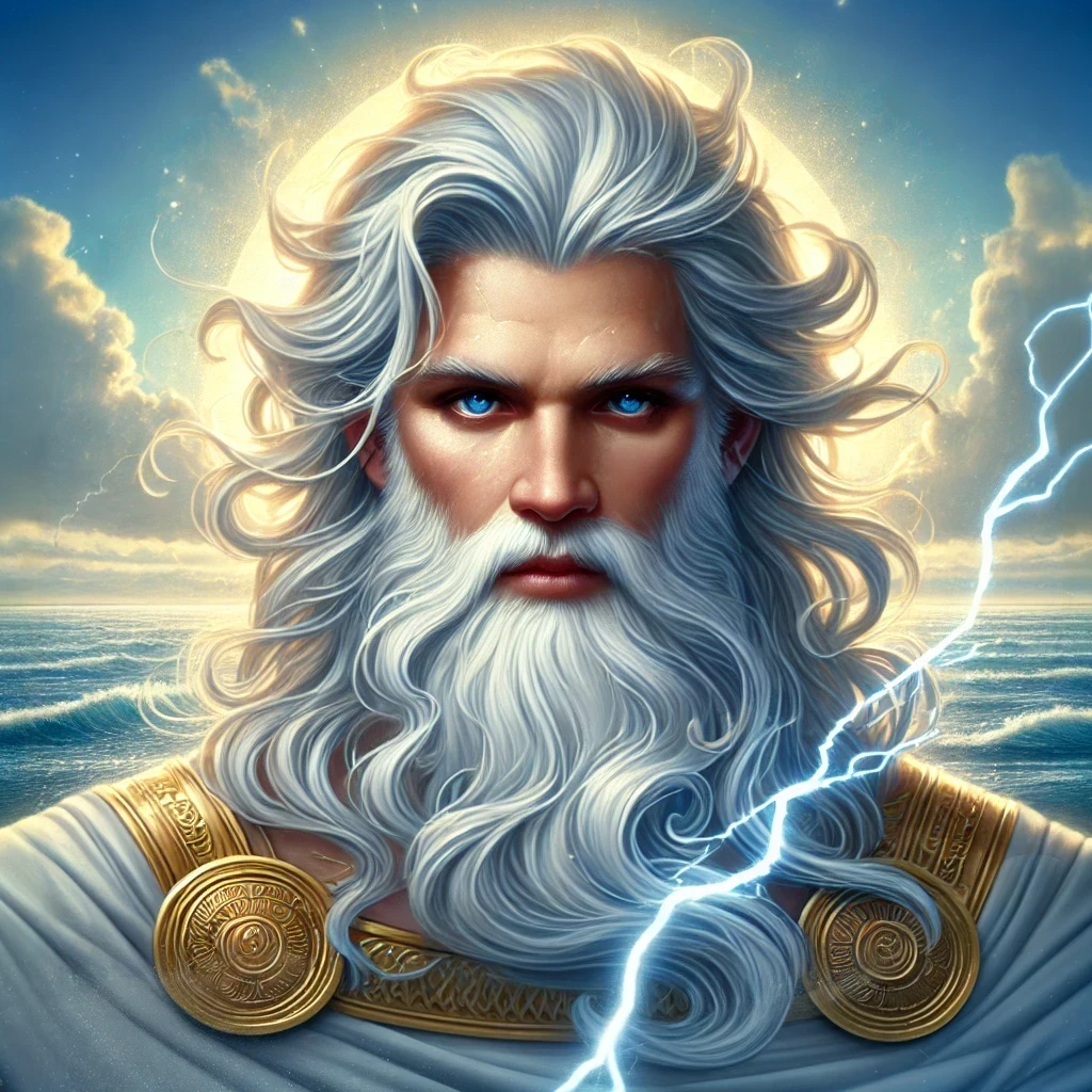 Fantasy realism portrait of Zeus, the Greek god, with flowing white beard and hair, facing the viewer against a tranquil ocean background.