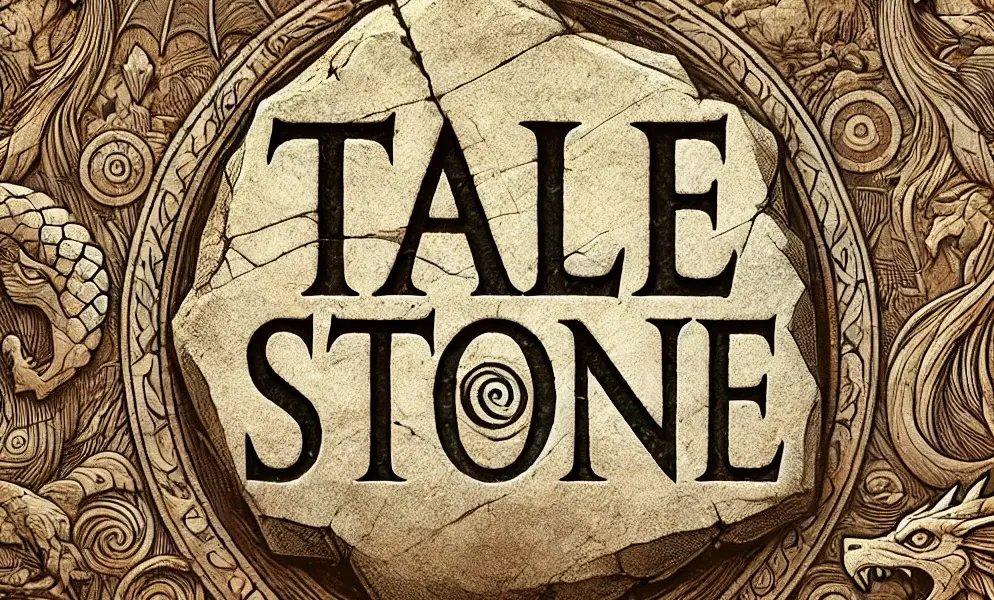 Stylized stone engraved with 'Tale Stone,' surrounded by intricate fantasy carvings of dragons and mythical symbols.